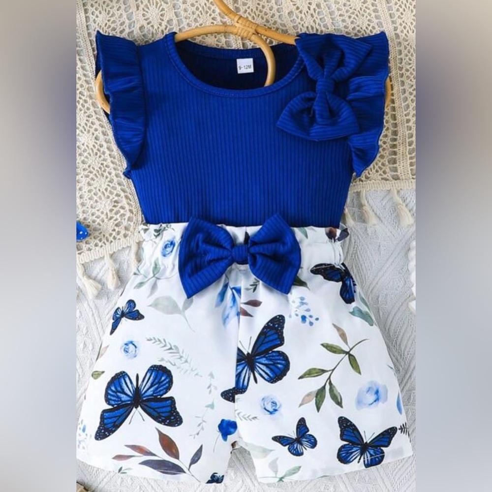 Blue and White Butterfly Shorts with Bows